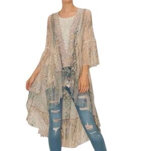 Origami by Vivien Tan Burgundy Blue Crochet Lace Tulle Boho Duster - Size Large